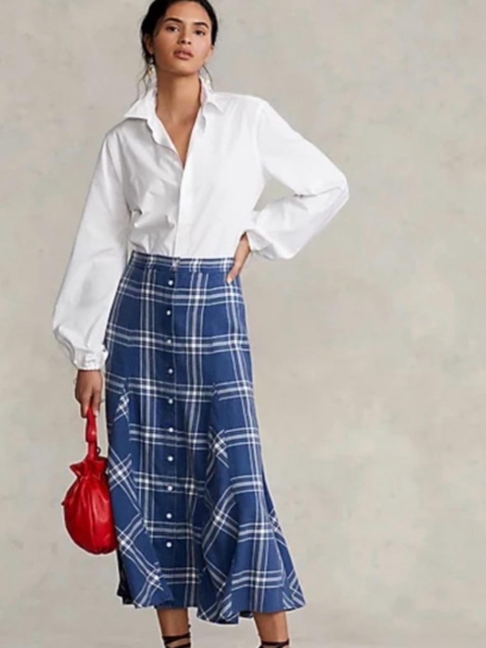 Ralph Lauren Blue and White Plaid Button-Front Maxi Skirt